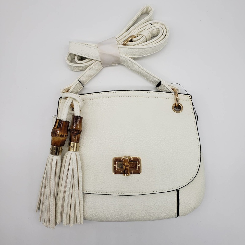 Women's White Leather Bamboo Hardware Interior Pockets Crossbody Handbag Purse